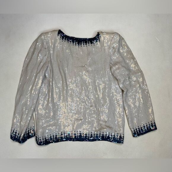 VINTAGE BERGDORF GOODMAN Sequin Jacket Women Small White Blue Bling - Picture 3 of 7